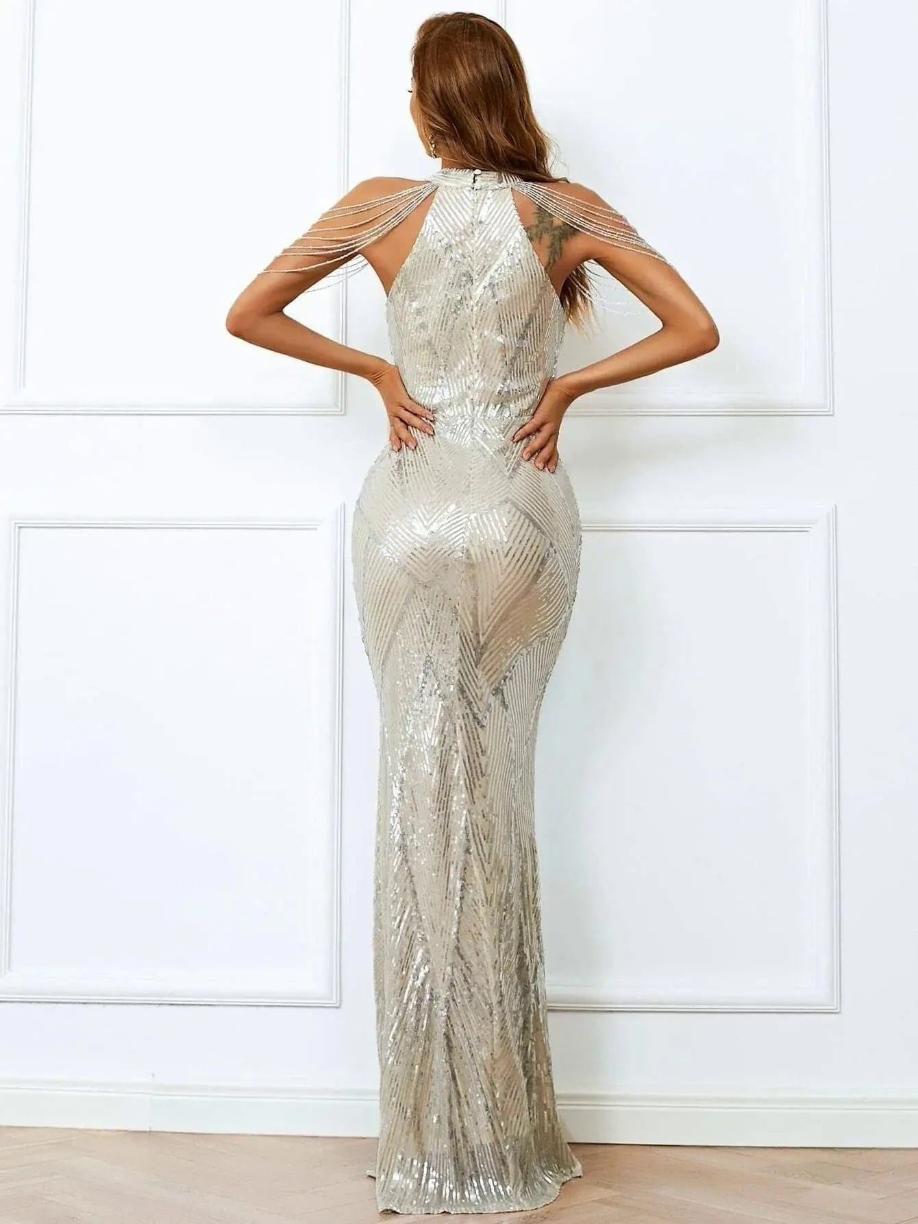 Cold Shoulder Beads Chain Cocktail Dress M01081 Cold Shoulder Beads Chain Cocktail Dress M01081