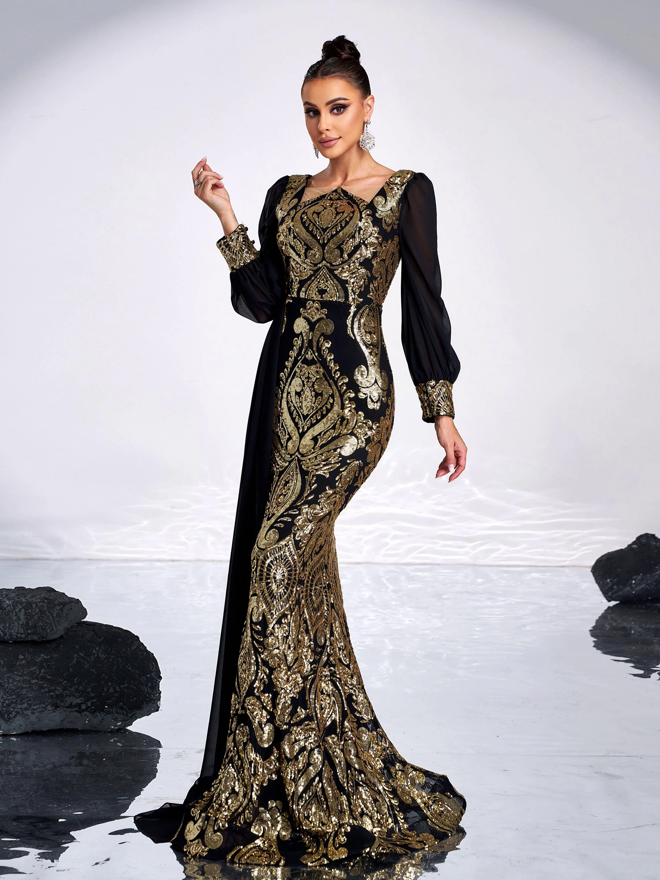 Luxurious Black & Gold Embroidered Gown GM00421