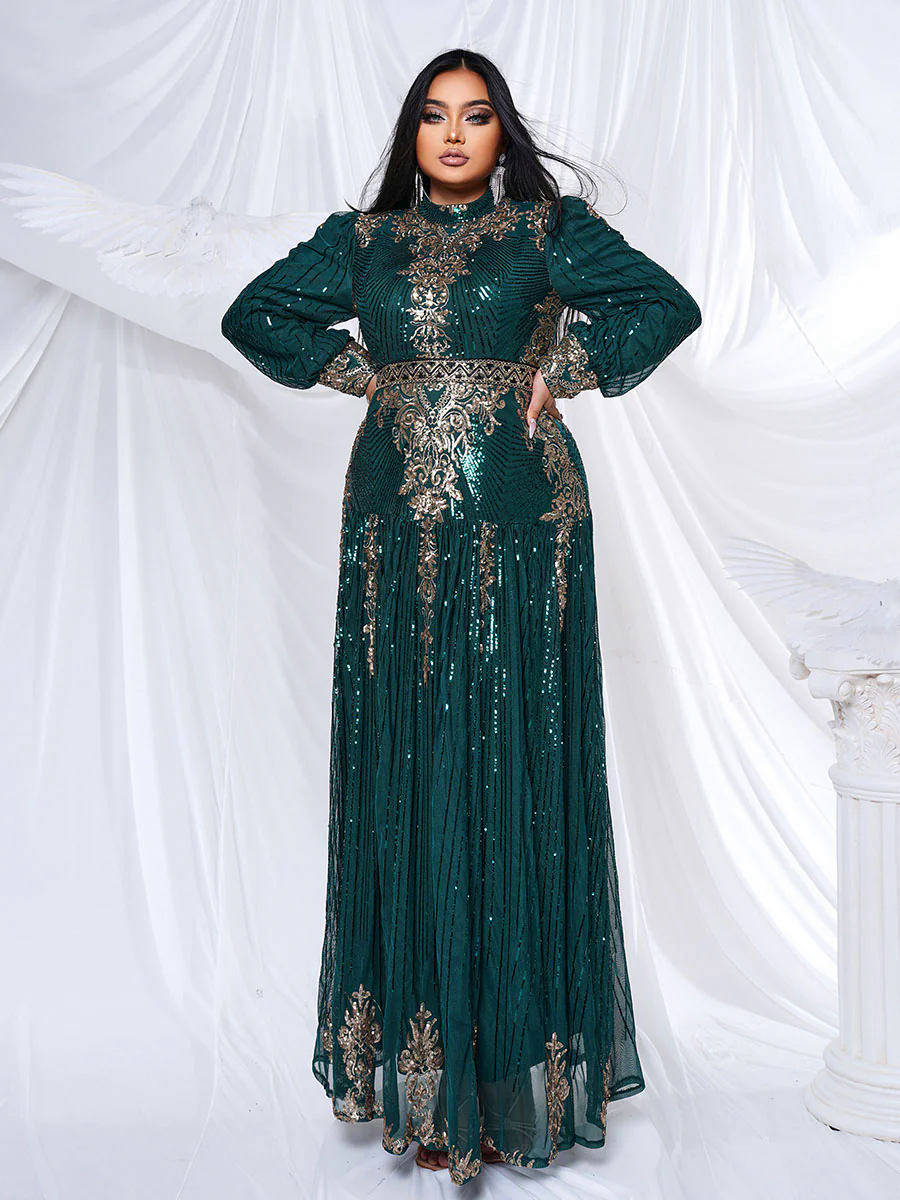 Plus Stand Collar Sequin A-line Dress PMES00341 Plus Stand Collar Sequin A-line Dress PMES00341
