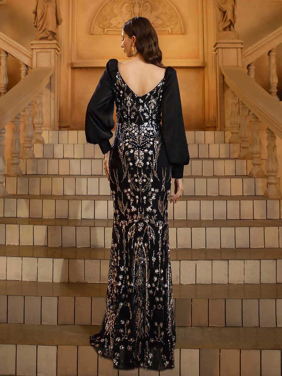 Black Sequin Floral Long Sleeve Prom Dress DH80450 Black Sequin Floral Long Sleeve Prom Dress DH80450