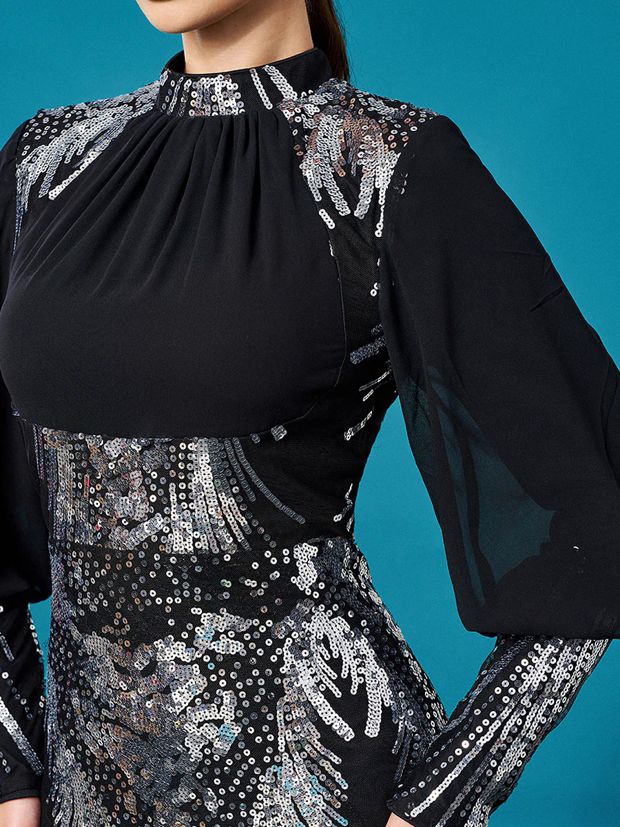 Silver Graphic Sequin Ballon Sleeve Prom Dress M00718 Silver Graphic Sequin Ballon Sleeve Prom Dress M00718