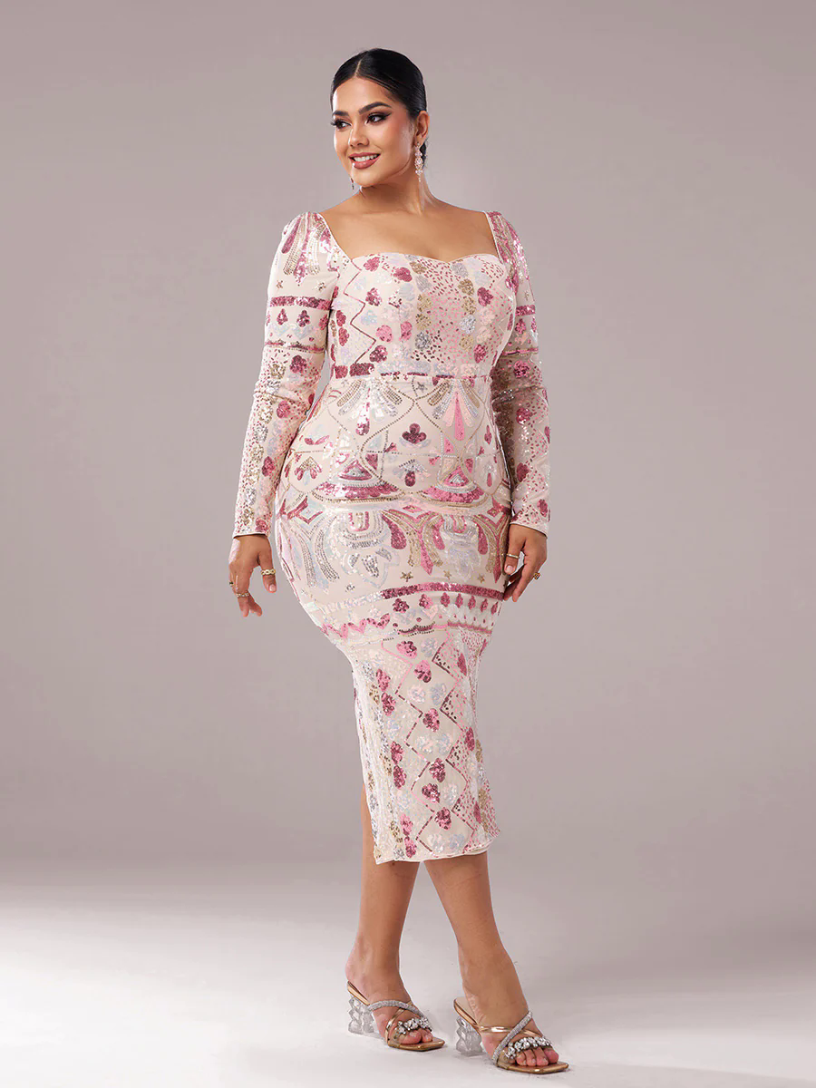 Plus Square Neck Sequin Split Midi Dress PRM20830 Plus Square Neck Sequin Split Midi Dress PRM20830