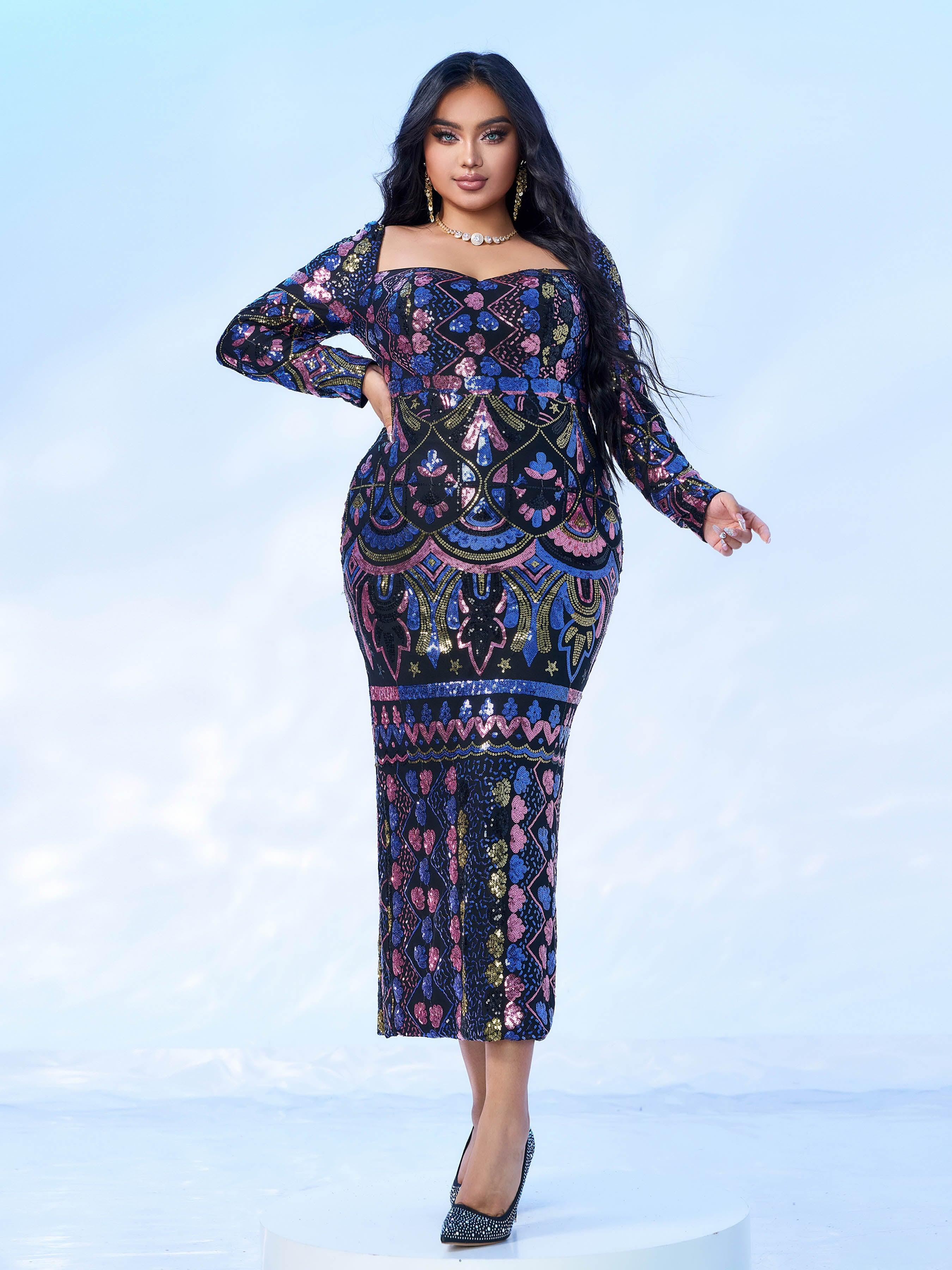 Plus Square Neck Sequin Split Midi Dress PRM20830 Plus Square Neck Sequin Split Midi Dress PRM20830