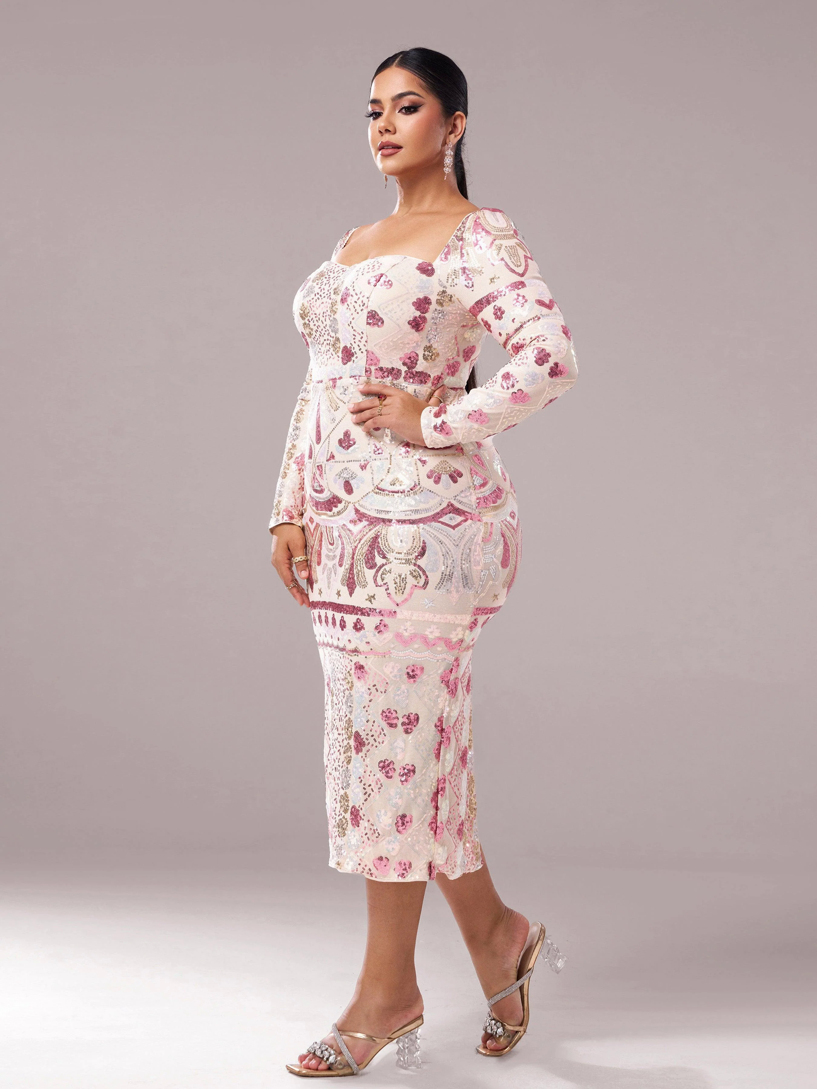 Plus Square Neck Sequin Split Midi Dress PRM20830 Plus Square Neck Sequin Split Midi Dress PRM20830