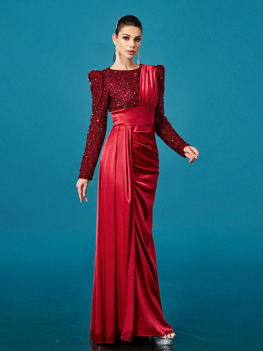 Red Panel Split Ruched Long Sleeve Prom Dress DH80422 Red Panel Split Ruched Long Sleeve Prom Dress DH80422