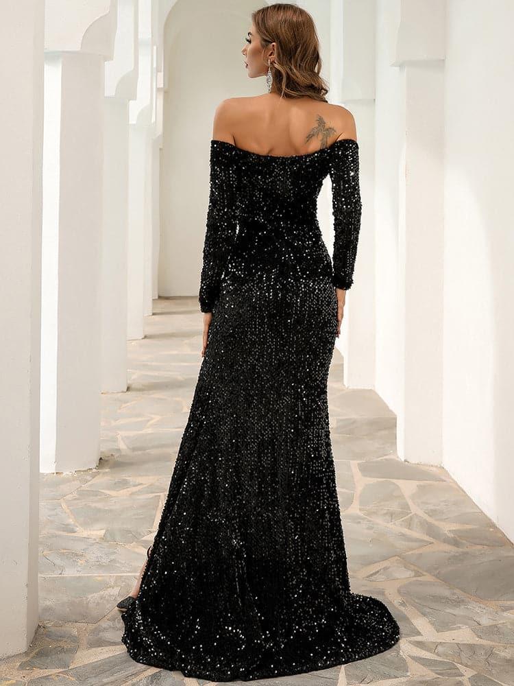 Off Shoulder Mesh Insert Split Sequin Prom Dress M0806 Off Shoulder Mesh Insert Split Sequin Prom Dress M0806