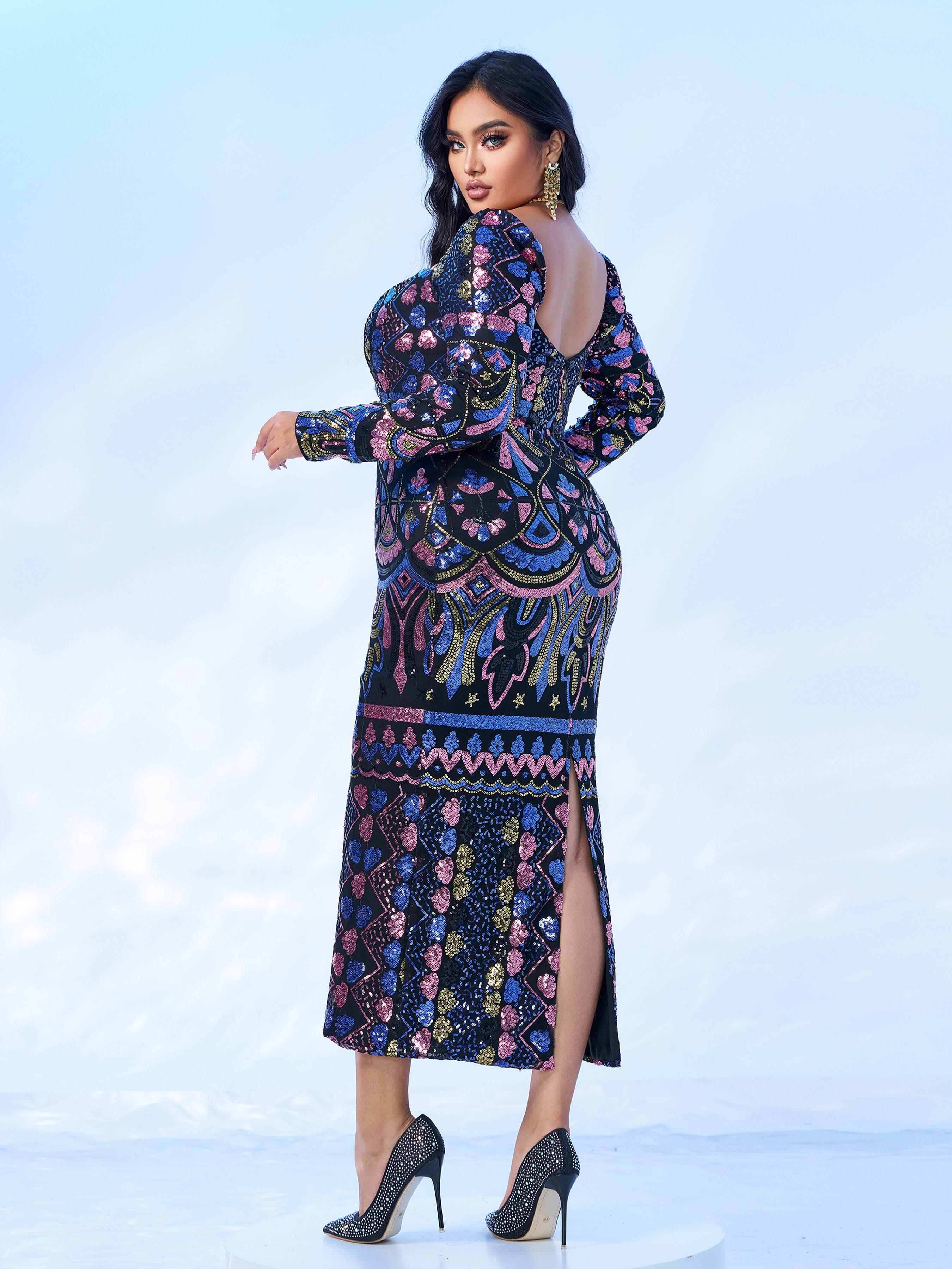 Plus Square Neck Sequin Split Midi Dress PRM20830 Plus Square Neck Sequin Split Midi Dress PRM20830