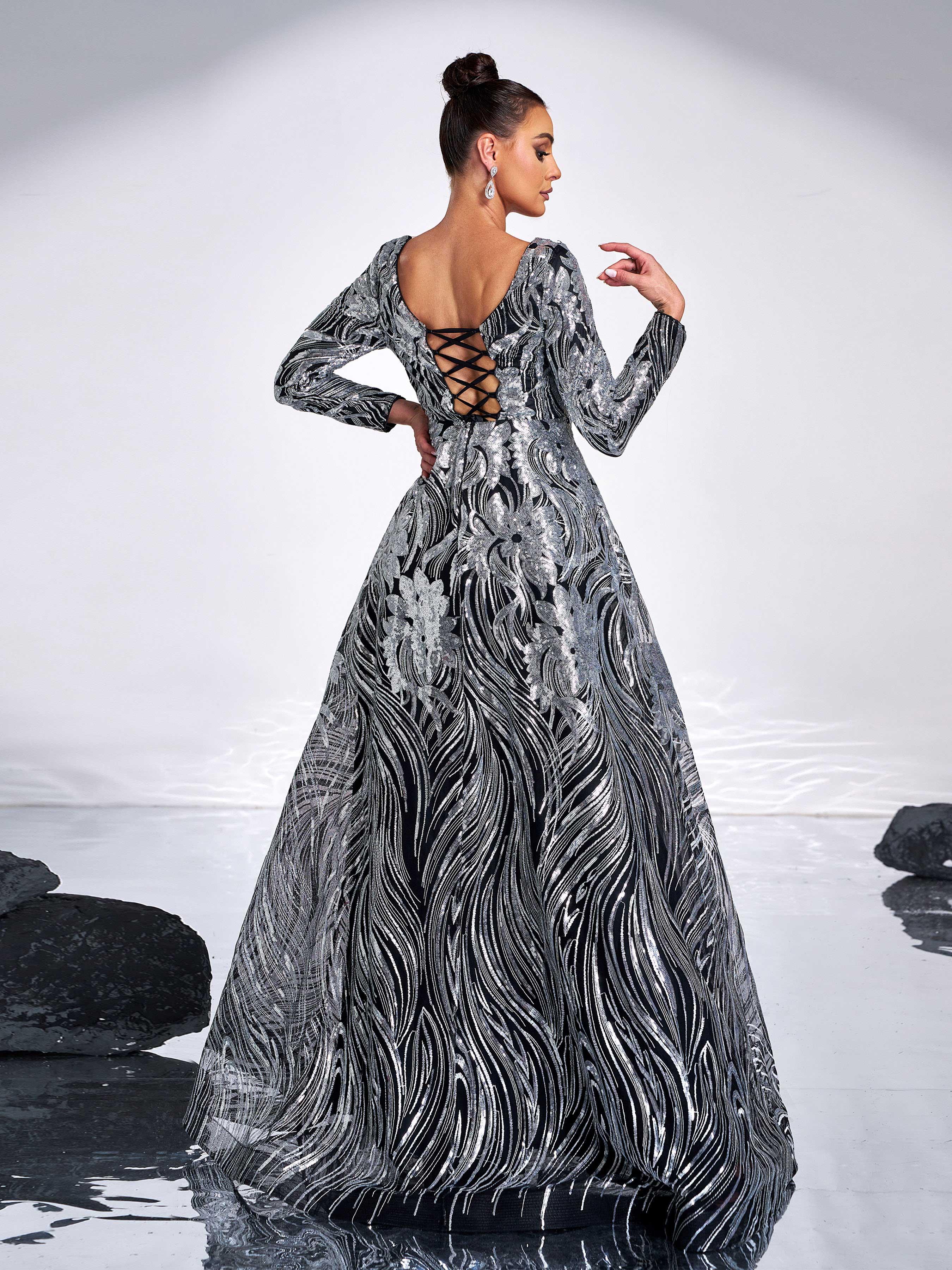 Black Panel A-line Sequin Evening Dress GM00588 Black Panel A-line Sequin Evening Dress GM00588