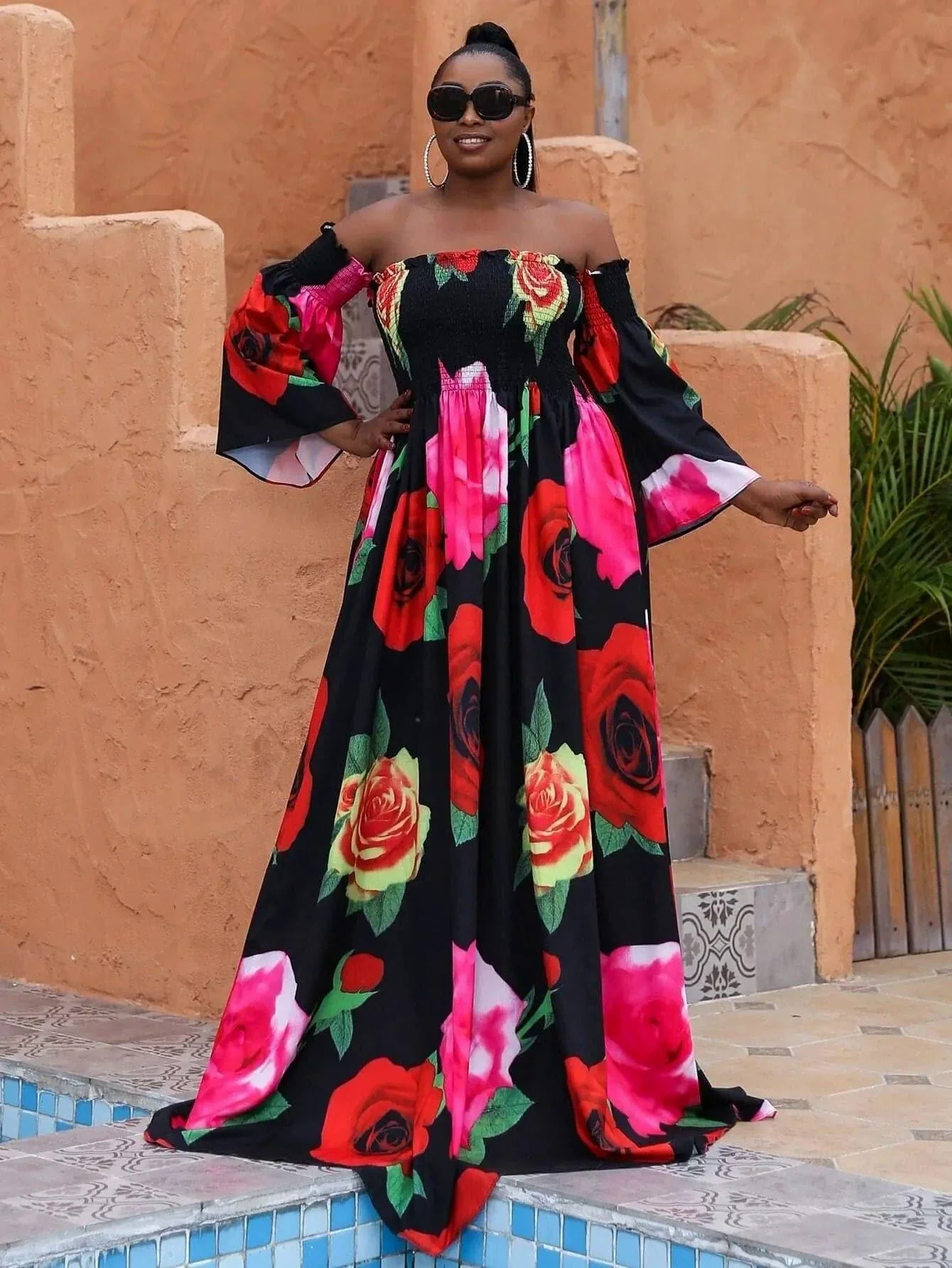 Missord Plus Floral Print Shirred Bardot Dress P0121 Missord Plus Floral Print Shirred Bardot Dress P0121
