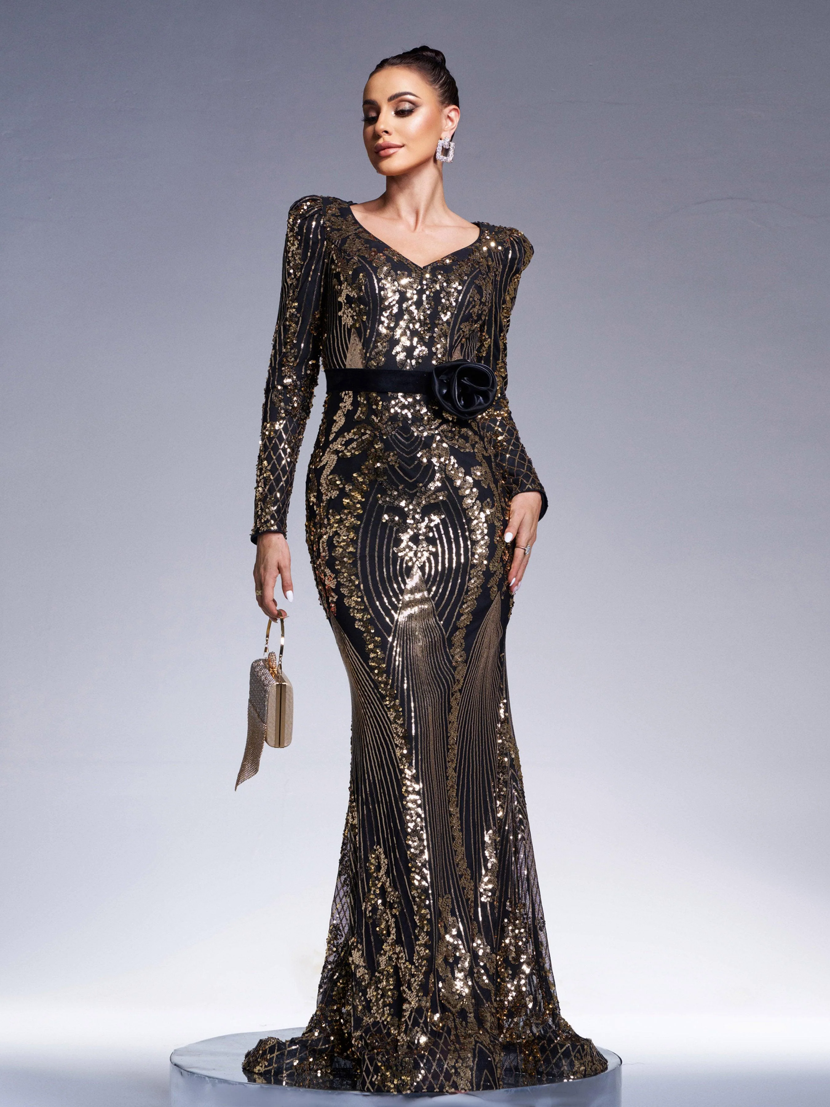 Black Long Sleeve Sequined V-neck Dress DH80240 Black Long Sleeve Sequined V-neck Dress DH80240