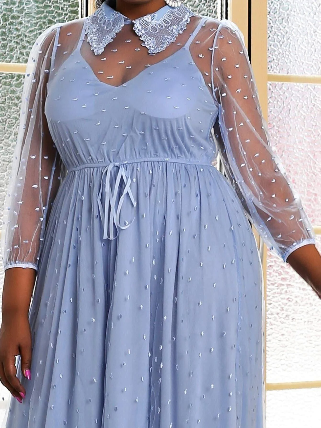 MISSORD Plus Knot Front Maxi Embroidery Mesh Prom Dress P0154 MISSORD Plus Knot Front Maxi Embroidery Mesh Prom Dress P0154