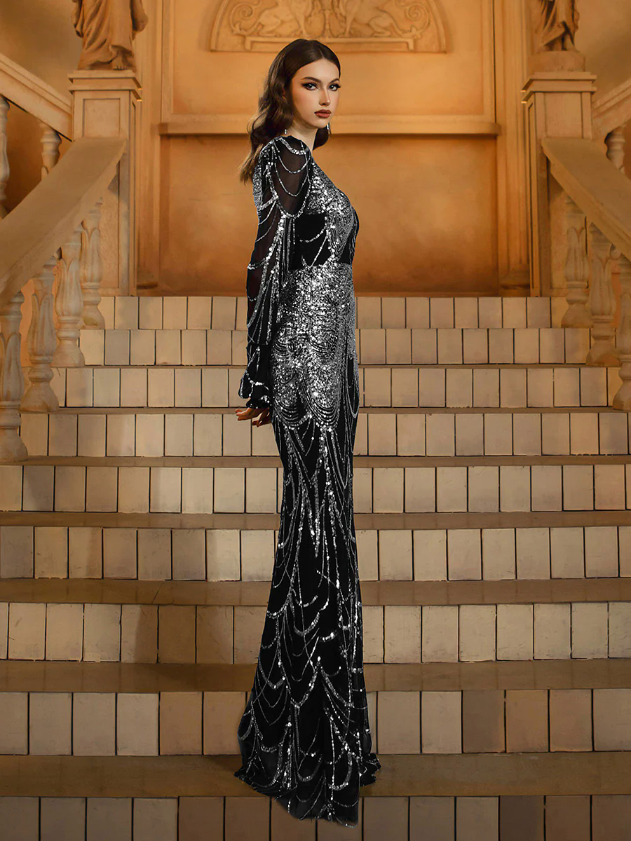 Black Sequin Ruffled Baroque Formal Dress MES72155 Black Sequin Ruffled Baroque Formal Dress MES72155