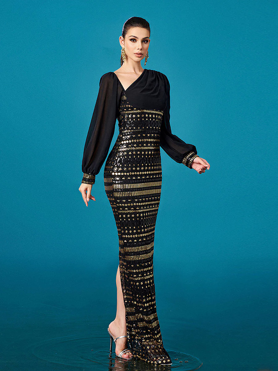 Black Long Sleeve Cutout Sheath Sequin Dress RJ12093 Black Long Sleeve Cutout Sheath Sequin Dress RJ12093