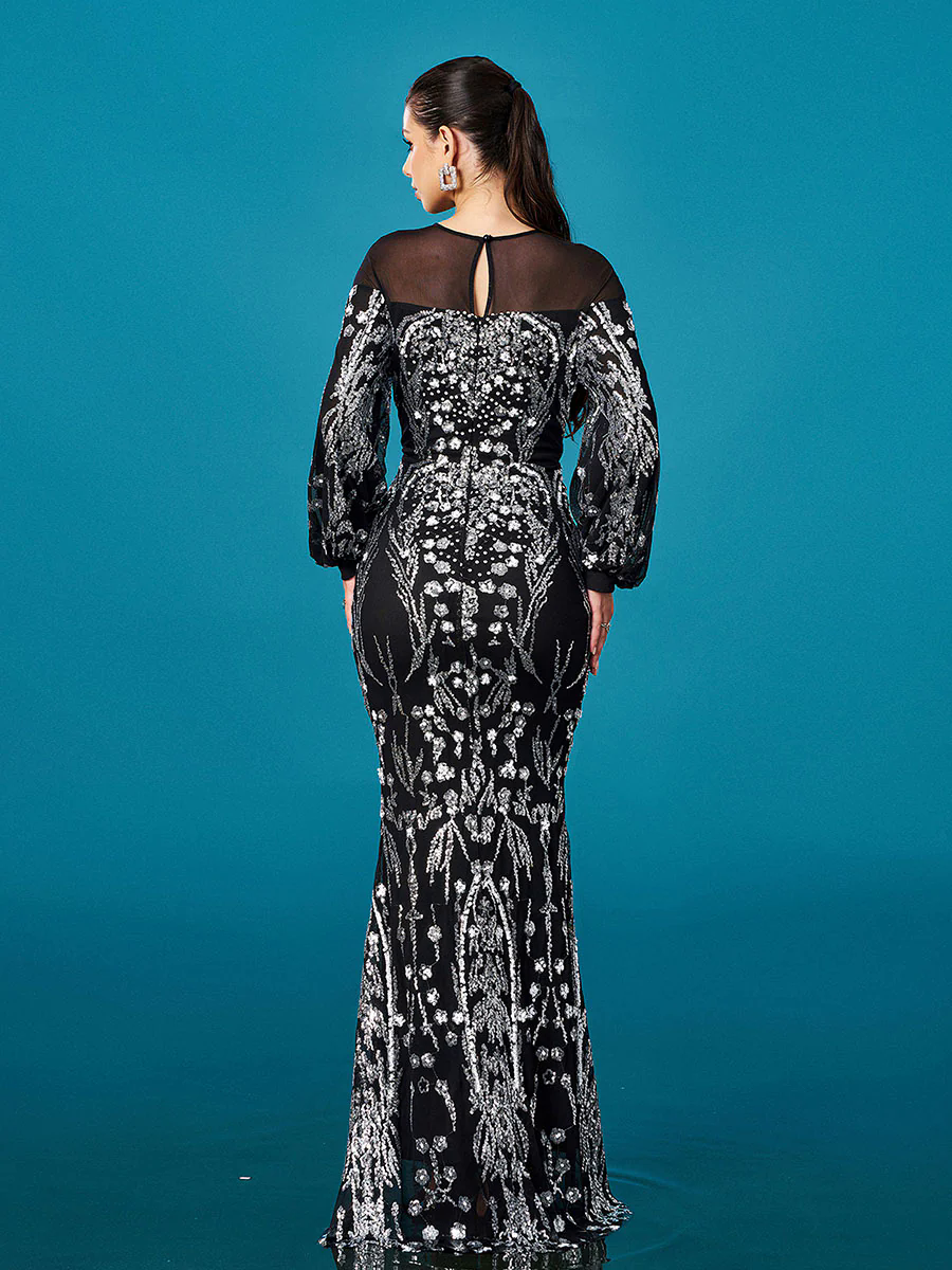 Ballon Sleeve Floral Sequin Mermaid Formal Dress GM00647 Ballon Sleeve Floral Sequin Mermaid Formal Dress GM00647