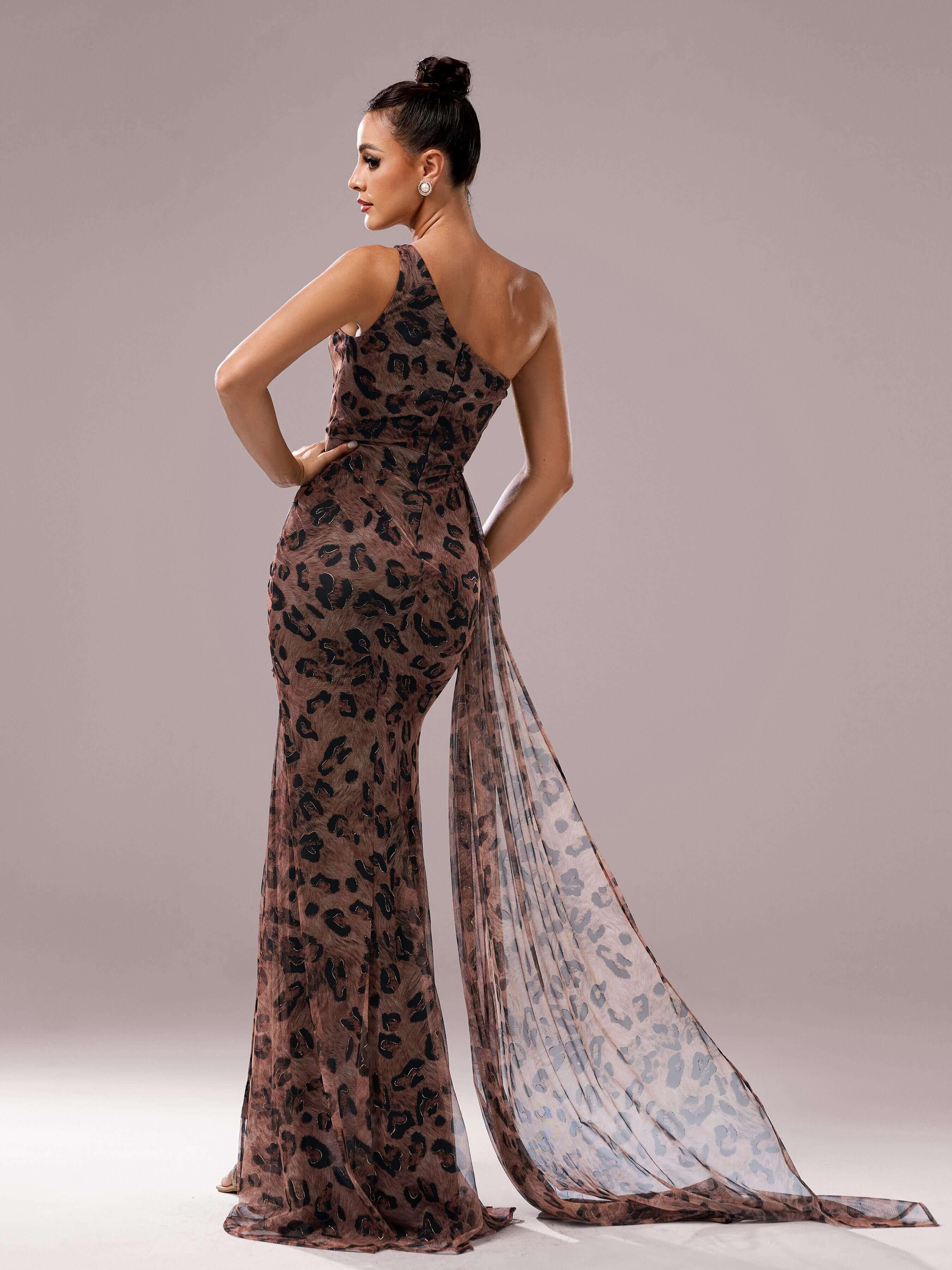 Leopard Print One Shoulder Mesh Prom Dress DH80317 Leopard Print One Shoulder Mesh Prom Dress DH80317