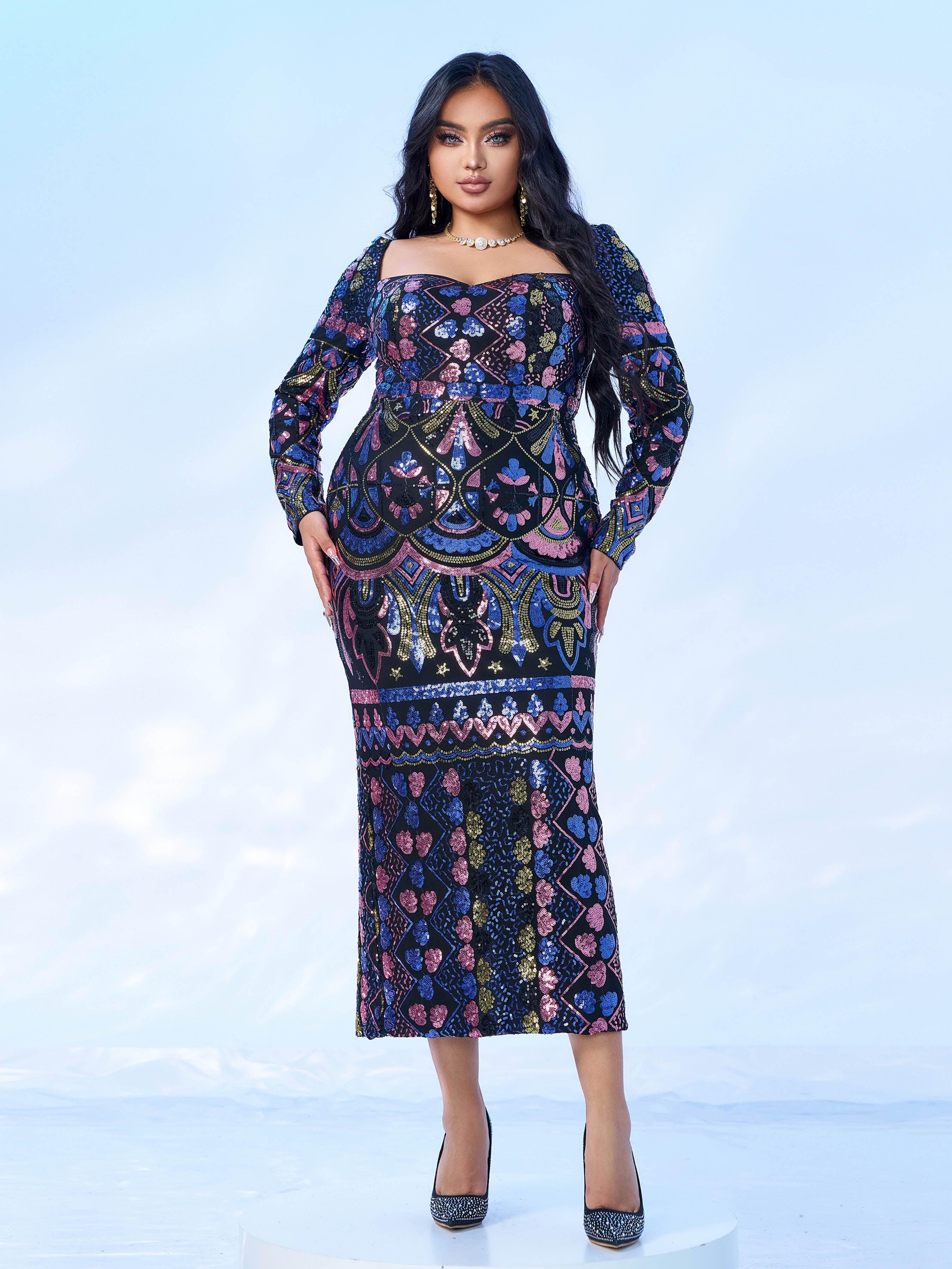 Plus Square Neck Sequin Split Midi Dress PRM20830 Plus Square Neck Sequin Split Midi Dress PRM20830