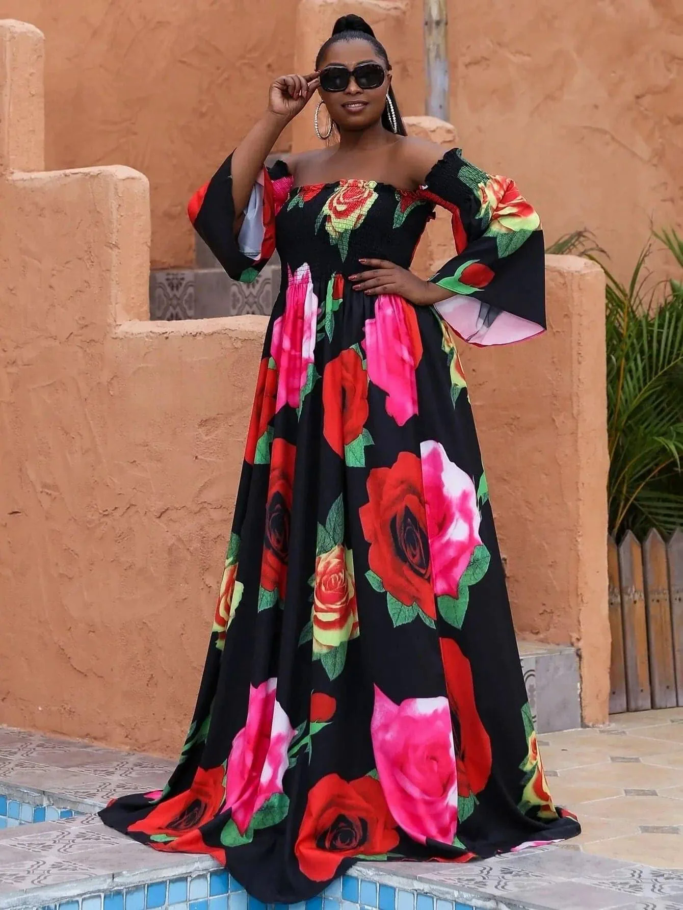 Missord Plus Floral Print Shirred Bardot Dress P0121 Missord Plus Floral Print Shirred Bardot Dress P0121